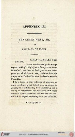 Appendix A (Benjamin West, Esq. to the Earl of Elgin)