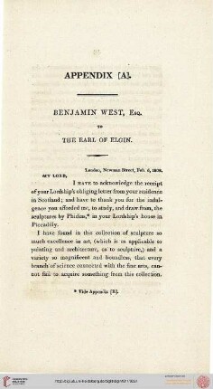 Appendix A (Benjamin West, Esq. to the Earl of Elgin)