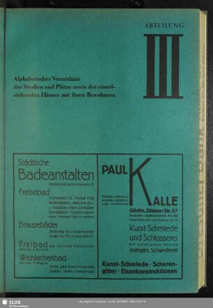Abteilung III. Häuserbuch : Abteilung III. Alphabetisches Verzeichnis der Straßen und Plätze sowie der einzelstehenden Häuser mit ihren Bewohnern