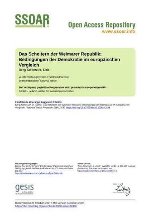 Das Scheitern der Weimarer Republik: Bedingungen der Demokratie im europäischen Vergleich