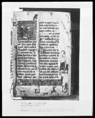 Missale aus Prüm — Initiale T, darin Messopfer, am Rand thronende Madonna mit kniendem Mönch, Folio 13recto