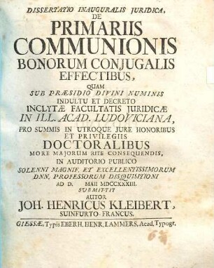 Dissertatio inauguralis iuridca de primariis communionis bonorum coniugalis effectibus