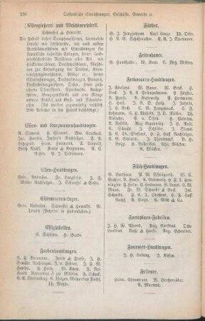Farbenhandlungen. Färber. Feilenhauer. Fettwaaren-Handlungen. Fisch-Handlungen. Fortepiano-Fabriken. Fournier-Handlungen. Friseure. [Friseurinnen. Fuhrleute.]