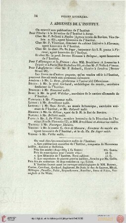 J. Adresses de l'Institut