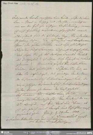 Eigenh. Brief von Ludwig Emanuel Ernst an August Wilhelm von Schlegel, Pillnitz, 28.06.1808