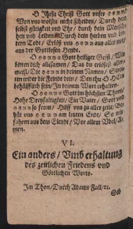 Ein anders/ Vmb erhaltung des zeitlichen Friedens vnd Göttlichen Worts. Jm Thon/ Durch Adams Fall/ [et]c.