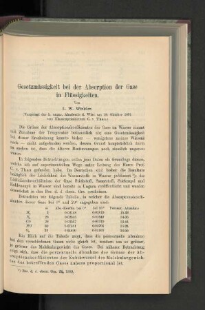 Gesetzmässigkeit bei der Absorption der gase in Flüssigkeiten.