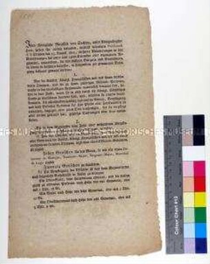 Bekanntmachung des Rats der Stadt Leipzig zu Abänderungen von Verordnungen betreffend die Einquartierung und Verpflegung durch Sachsen ziehender Truppen