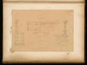 Erbbegräbnis Monatskonkurrenz Dezember 1868: Grundrisse auf zwei Ebenen, Längsschnitt, Querschnitt, Detail; Maßstabsleiste
