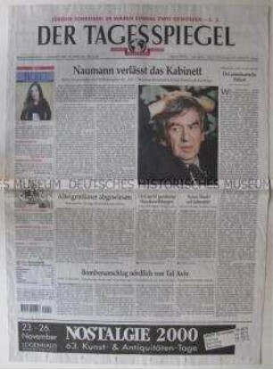 Berliner Tageszeitung "Der Tagesspiegel" u.a. zum Rücktritt von Kulturminister Naumann