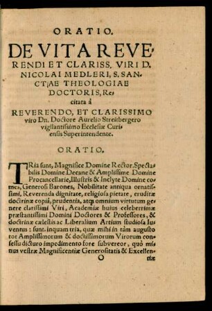 Oratio. De Vita Reverendi Et Clariss. Viri D. Nicolai Medleri ...
