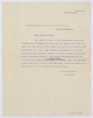 Schreiben an den R. Voigtländer Verlag, Leipzig (Brief)