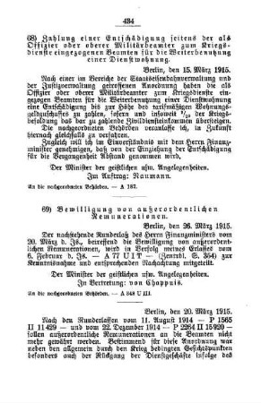 Bewilligung von außerordentlichen Remunerationen : [A. Behörden und Beamte]