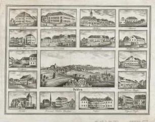 Gesamt- und Detailansichten von Dahlen, Lithographie, um 1860 : Dahlen / Zeichn. u. Lith. v. Wendler. - Pirna , [um 1860]. - 17 Ansichten auf 1 Kunstblatt : Lithogr. ; Bildgr. 41 x 31 cm