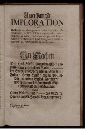 Unterthänigste Imploration Pro ...
