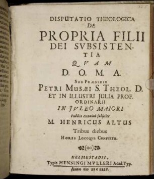 Disputatio Theologica De Propria Filii Dei Subsistentia