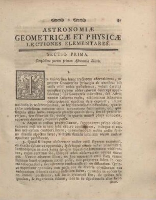Sectio Prima. Cemplectens partem primam Astronomiae Solaris.