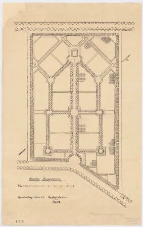 Friedhof, Bergerdamm (bei Nauen?): Plan der Anlage im Grundriss 1:500, Maßstabsleiste,