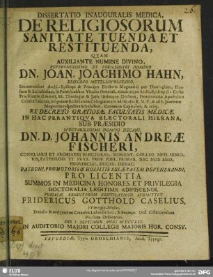 Dissertatio Inauguralis Medica, De Religiosorum Sanitate Tuenda Et Restituenda