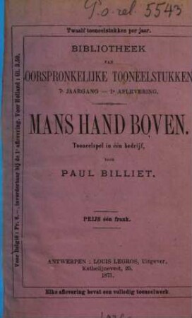 Mans hand boven : tooneelspel in één bedrijf