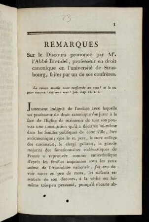Remarques Sur le Discours prononcé par Mr. l'Abbé Brendel, professeur en droit canonique en l'université de Strasbourg, faites par un de ses confrères