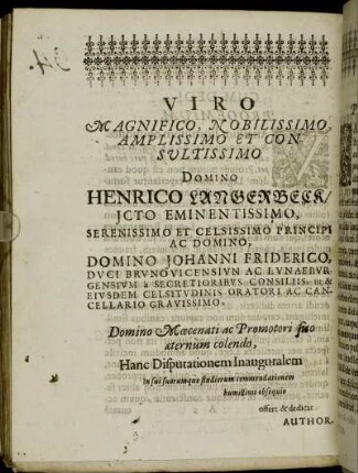 Viro [...] Domino Henrico Langerbeck [...] Domino Johanni Friderico, Duci Brunovicensiun [...]
