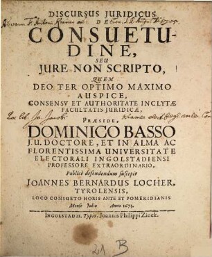 Discursus Juridicus De Consuetudine, Seu Jure Non Scripto