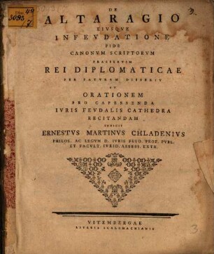 De altaragio, eiusque infeudatione fide Canonum scriptorum praesertim rei diplomaticae ...