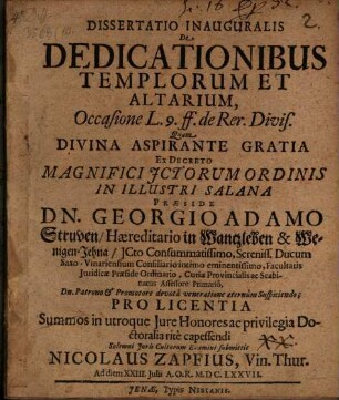 Dissertatio Inauguralis De Dedicationibus Templorum Et Altarium, Occasione L. 9. ff. de Rer. Divis.