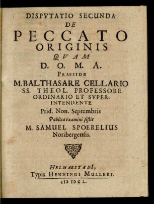 Disputatio Secunda De Peccato Originis
