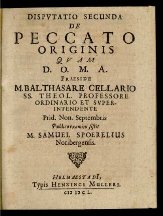 Disputatio Secunda De Peccato Originis