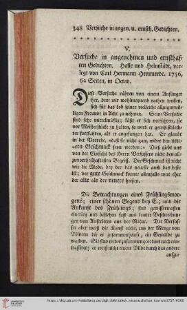 1: [Rezension von: Versuche in angenehmen und ernsthaften Gedichten, verlegt von Karl Hermann Hemmerde]