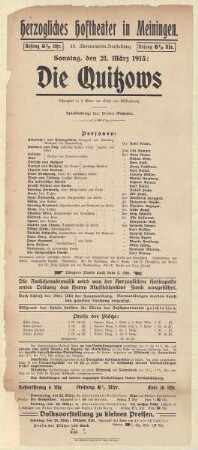 Theaterzettel zur Aufführung des Schauspiels "Die Quitzows. von Ernst von Wildenbruch" in der Spielzeit 1914/15 des Herzoglichen Hoftheaters in Meiningen.