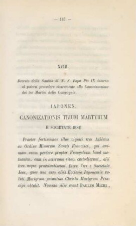XVIII. Decreto della Santità di N. S. Papa Pio IX ...