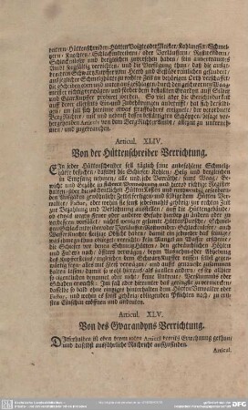 Articul XLIV. Von Von der Hüttenschreiber Verrichtung.