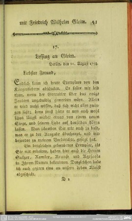 17. Lessing an Gleim. Berlin, den 11. Aug. 1758