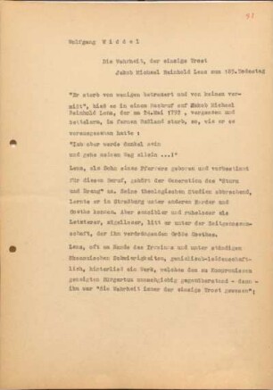 [W177]: Die Wahrheit, der einzigste Trost : Jakob Michael Reinhold Lenz zum 185. Geburtstag