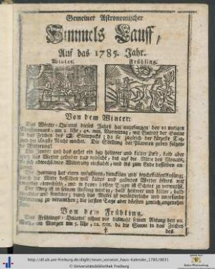 Gemeiner Astronomischer Himmels Lauff, Auf das 1785. Jahr.