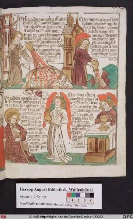 Oben: Die Ausgießung der zweiten und dritten Schale des Zorns (Offenb. 16,3 und 16,4). Unten: Lobpreisung des Gerichts Gottes (Offenb. 16,5).