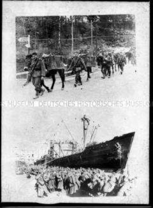 Soldaten auf dem Marsch mit Packpferden (oben); Soldaten im Hafen vor einem Schiff (unten)