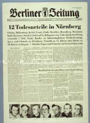 Tageszeitung "Berliner Zeitung" u.a. zur Urteilsverkündung auf dem Nürnberger Prozess