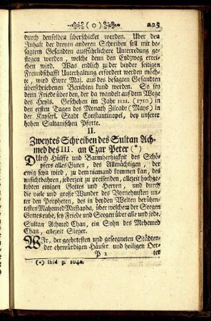 II. Zweytes Schreiben des Sultan Achmed des III. an Czar Peter