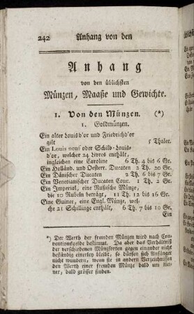 Anhang von den üblichen Münzen, Maaße und Gewichte.