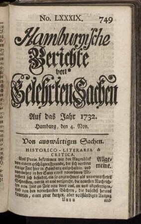 No. LXXXIX. Hamburg, den 4. Nov. 1732 - No. XCVI Hamburg, den 28. Nov. 1732