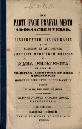 De partu facie praevia, mento ados sacrum verso : Diss. inaug.