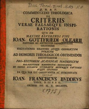 Commentatio Theologica De Criteriis Verae Falsaeqve [Falsaeque] Inspirationis