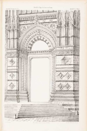 Dom Santa Maria Assunta (Baptisterium San Giovanni), Siena: Perspektivische Ansicht des Portals (aus: Atlas zur Zeitschrift für Bauwesen, hrsg. v. G. Erbkam, Jg. 3, 1853)