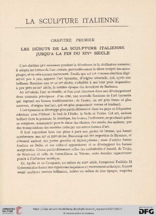 Chapitre premier: Les débuts de la sculpture italienne jusqu'à la fin du XIVe siècle