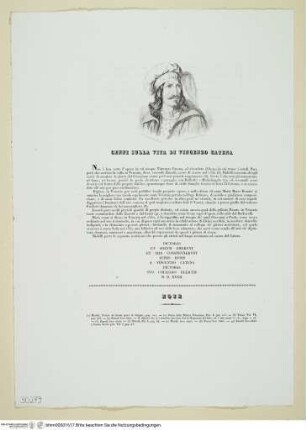 Porträt des Vincenzo Catena als Frontispiz über einer einseitigen Biografie "Cenni Sulla Vita Di Vincenzo Catena"