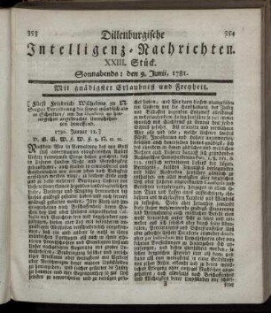 XXIII. Stück. Sonnabends: den 9. Junii 1781.